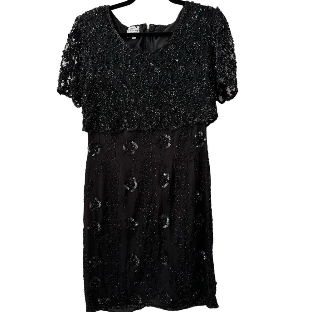 Stenay Beaded Silk Black Short Sleeve Formal Knee Length Sequin Dress Size 6 - Picture 1 of 7